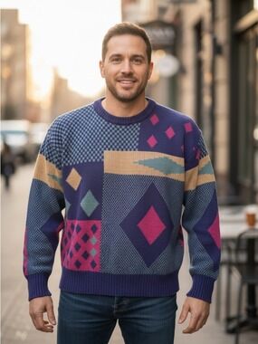 Vintage 90s Geometric Patchwork Knit Sweater Abstract Colorblock Grandpa Core L